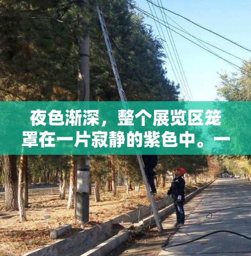 夜色渐深，整个展览区笼罩在一片寂静的紫色中。一根巨大的灯塔在夜色中若隐若现，像一座沉默的巨兽，悬挂在空旷的走廊中央
